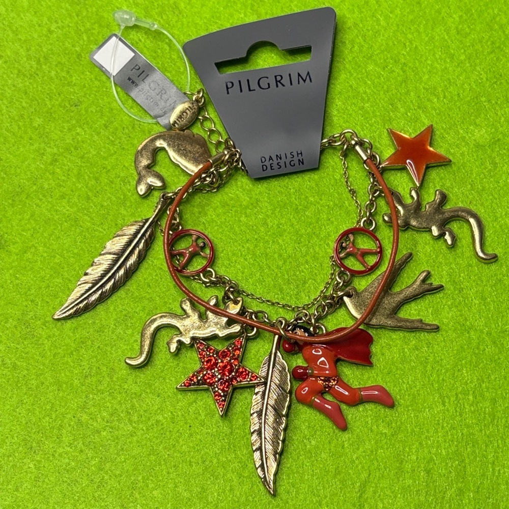 Pilgrim Gold Tone and Red Charm Bracelet